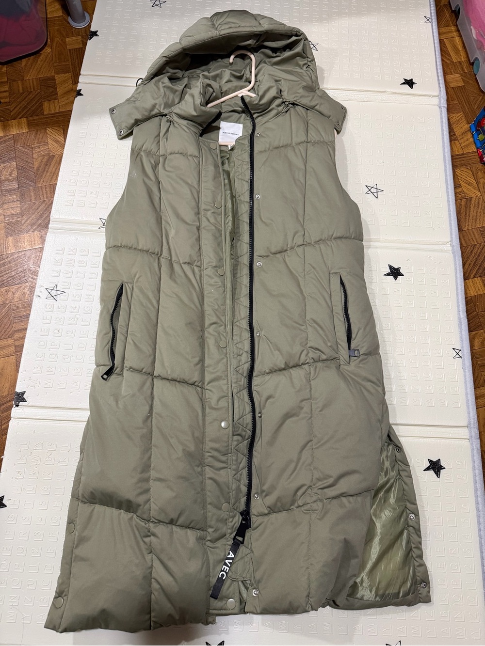 Avec Les Filles Olive Green Long Hooded Puffer Vest